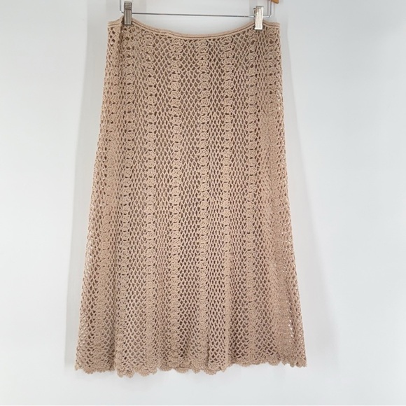 Women’s Medium Beige Crochet Knit A-Line Skirt Boho Midi Scalloped - Picture 2 of 6